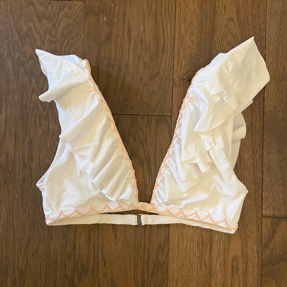 Tularosa Ruffled White and Pink Women's Swim Top